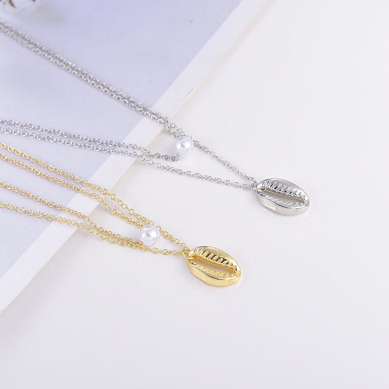 30pcs Shell Bead Pearl Charm Necklace Cowry Conch Cameo Shellfish Double Layers Link Chain Choker Necklace Jewelry Gift for Girlfriends