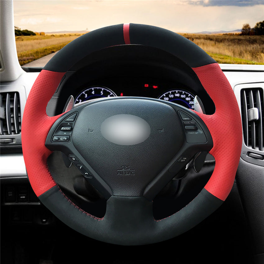 Red Leather Black Suede Hand Sew Wrap Car Steering Wheel Cover For Infiniti G25 G35 G37 QX50 EX25 EX35 EX37 2008-2013
