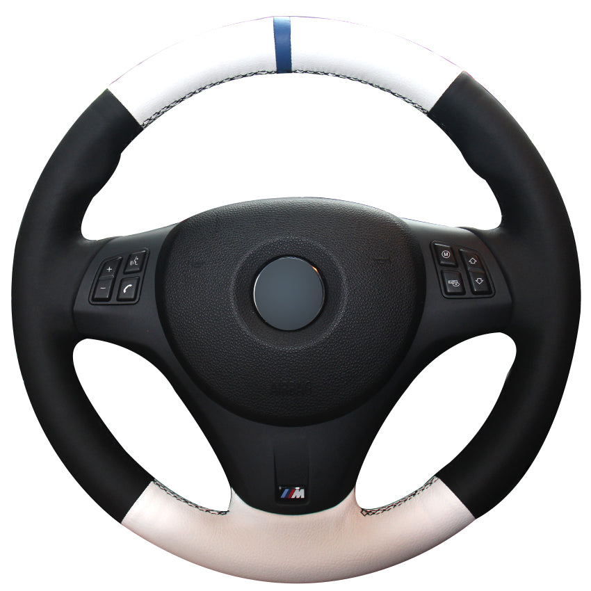 Hand sewing custom Black White Leather Blue Marker Car Steering Wheel Cover for BMW M3 2009-2013 E92