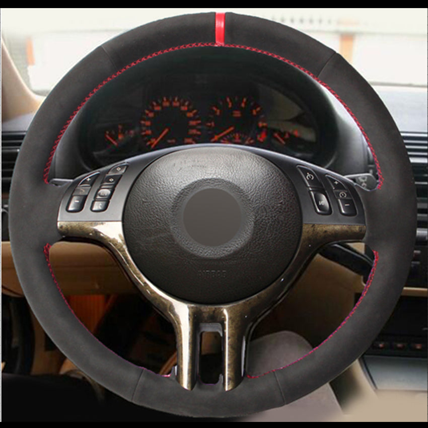 Hand sewing custom Black Suede Red Marker Red thread Car Steering Wheel Cover for BMW E39 E46 325i E53 X5