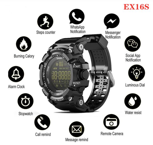 EX16S Smart Watches Bluetooth Waterproof IP67 Smartwatch Relogios Pedometer Stopwatch Wristwatch FSTN Screen Watch For iPhone Android Watch