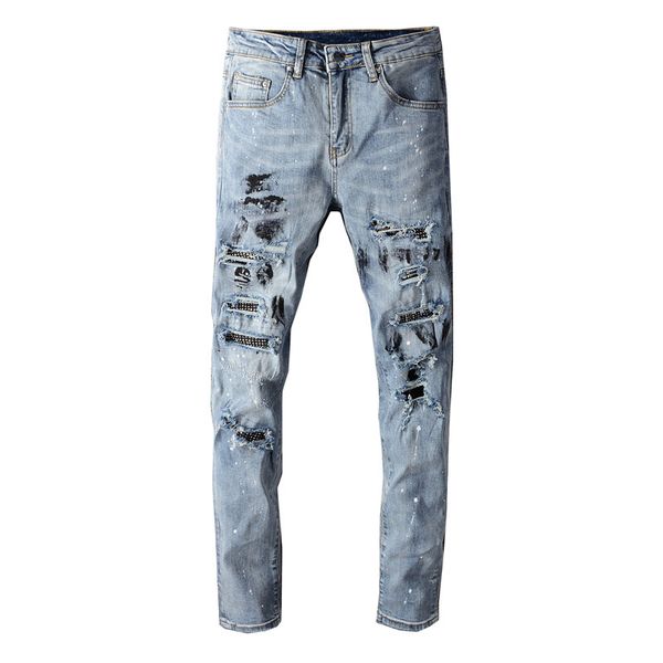 High Street Fashion Men Jeans Retro Blue Slim Fit Dirty Washed Paint Designer Ripped Jeans Men Patchwork Destroyed Hip Hop