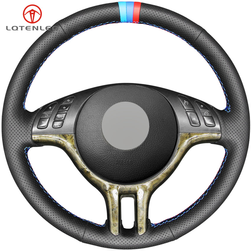 Black Genuine Leather Car Steering Wheel Cover For BMW 3 Series E46 2000-2006 5 Series E39 2000-2003 E53 X5 Z3 E36 2000