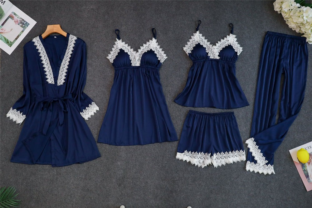 Blackday Women Pajamas 5 Pieces Satin Sleepwear Pijama Silk Home Wear Home Clothing Embroidery Sleep Lounge Pyjama with Chest Pads