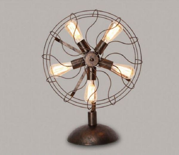 Retro Industrial Style Wrought Iron Fan Table Lamp Bedroom Bedside Lamp Creative Home Decoration Desk Light