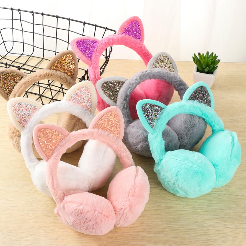 Ear Muffs Winter Sequins Lovely Cat Earmuffs Women Kids Girl Shiny Warmers Kitty Fur Earmuff Fluffy Soft Glitter Warm Earlap Cover