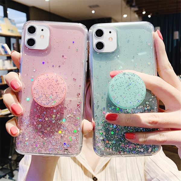 3D Cute Bling Glitter soft clean Case For iPhone 12 mini 11 Pro Max XR X XS 6s 7 8 Plus Stand Holder Socket back cover