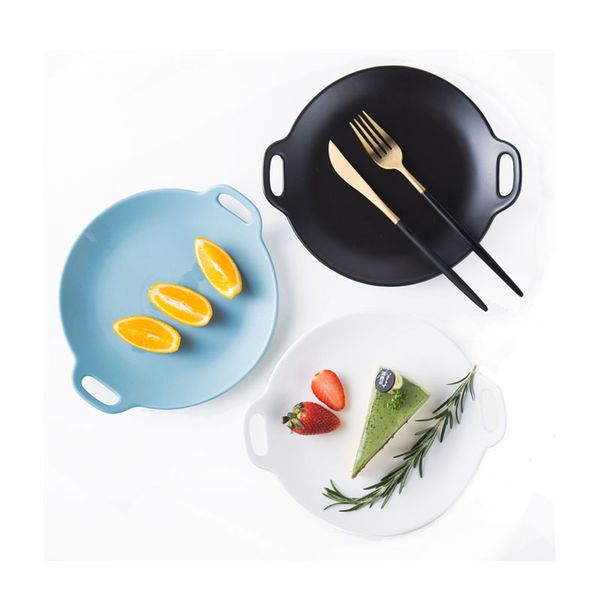 European Style 8 inch Dinner Plate Matt Glazed Ceramic Round Dishes with Double Handles for Steak Pasta Dessert Appetizer Luncheon