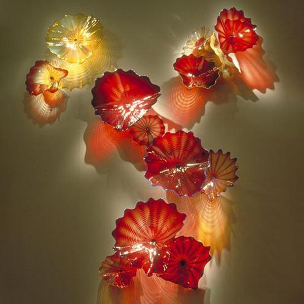 Blown Glass Flower Plates for Wall Decor Red Amber Colored Murano Glass Hanging Plates Wall Art Hotel Antique Wall Lights Free Shipping