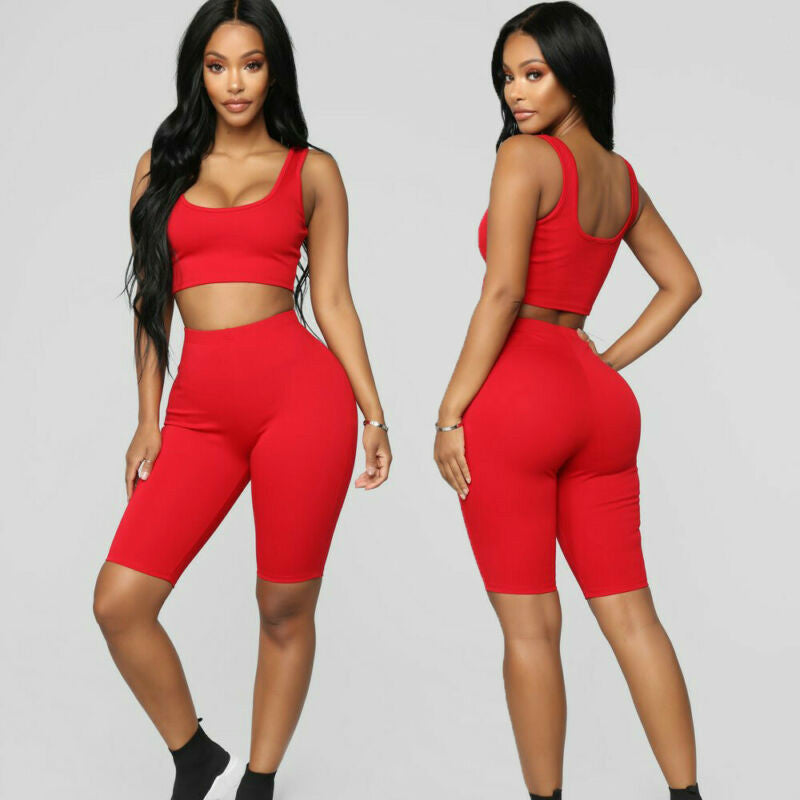 February Brand 2Pcs Fashion Women Sports Suit Crop Tops Shorts Yoga Workout Clothes Tracksuit Two-piece Outfit Solid Sportwear
