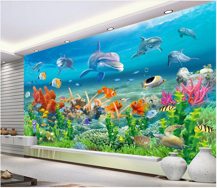 3d photo wallpaper on the wall custom mural Underwater World Dolphin Coral Reef Aquarium Children&#039;s Room TV wall mural 3d landscapes room