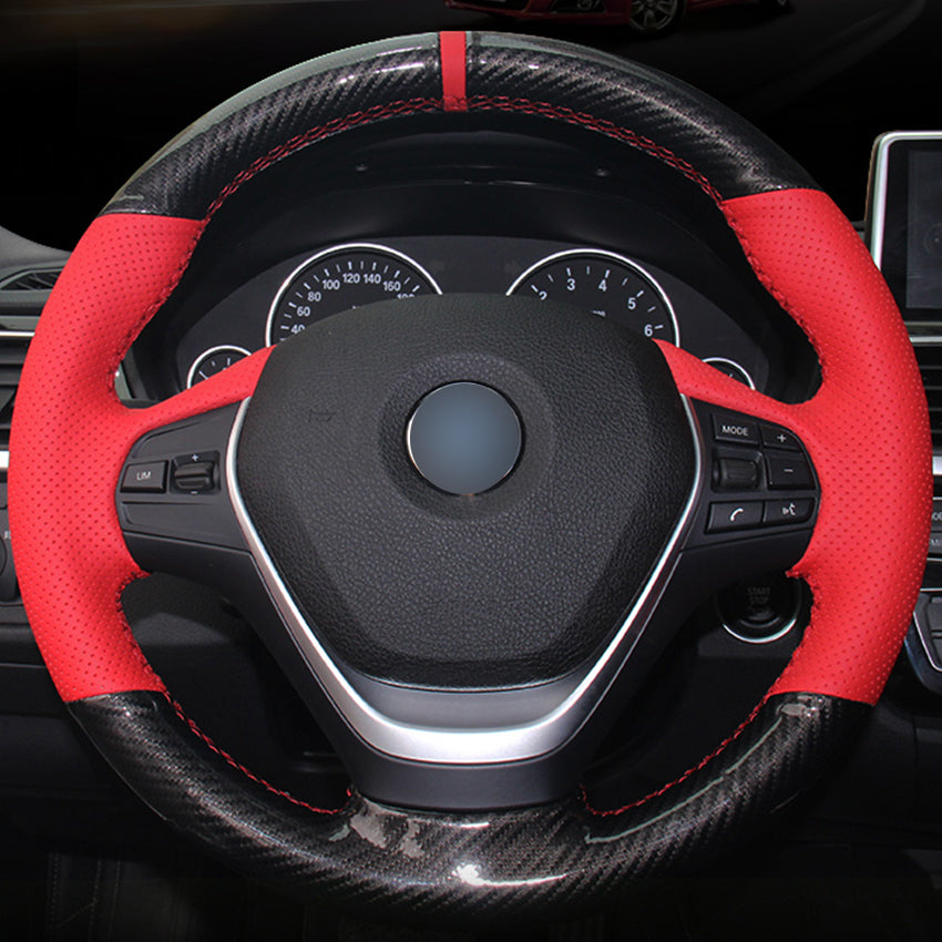 Hand sewing custom Carbon Fiber Leather Red Leather Red Marker Car Steering Wheel Cover for BMW F30 320i 328i 320d F20