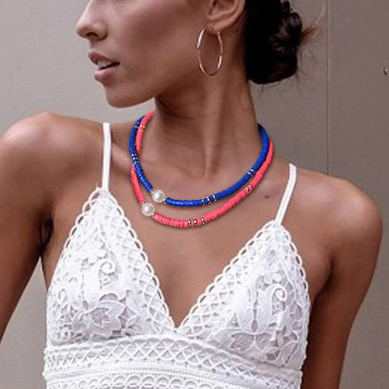 Beach style pearl necklace female Bohemian mixed color two-piece combination soft pottery choker