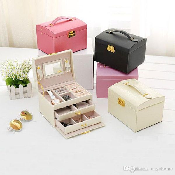 Jewelry Storage Boxes Three Layer With Mirror&Lock PU Leather Display Lockable Travel Jewelry Organizer Gift
