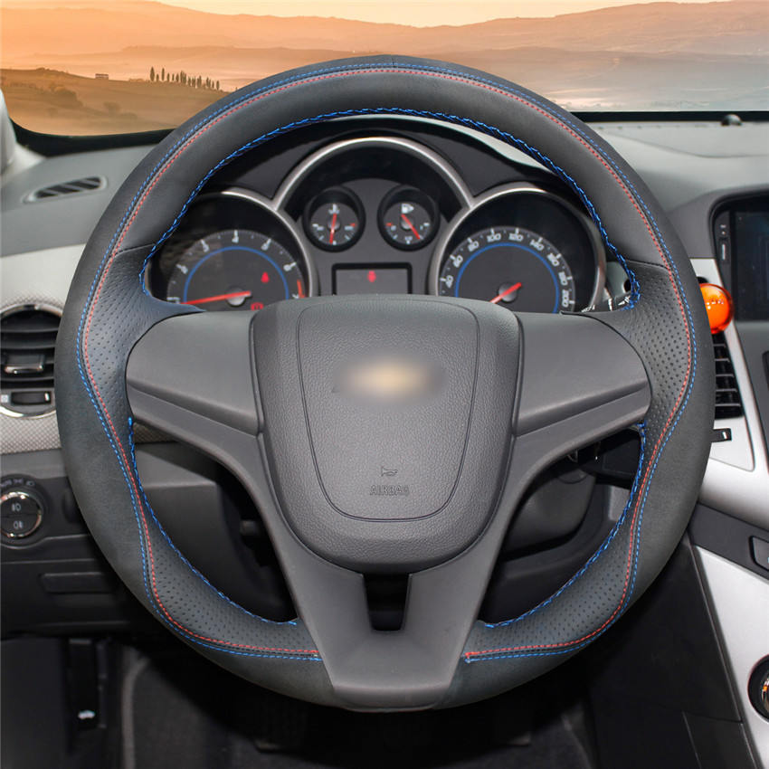 Black leather Hand Sew Wrap Car Steering Wheel Cover For Chevrolet Cruze 2009-2014 - Aveo 2011-2014