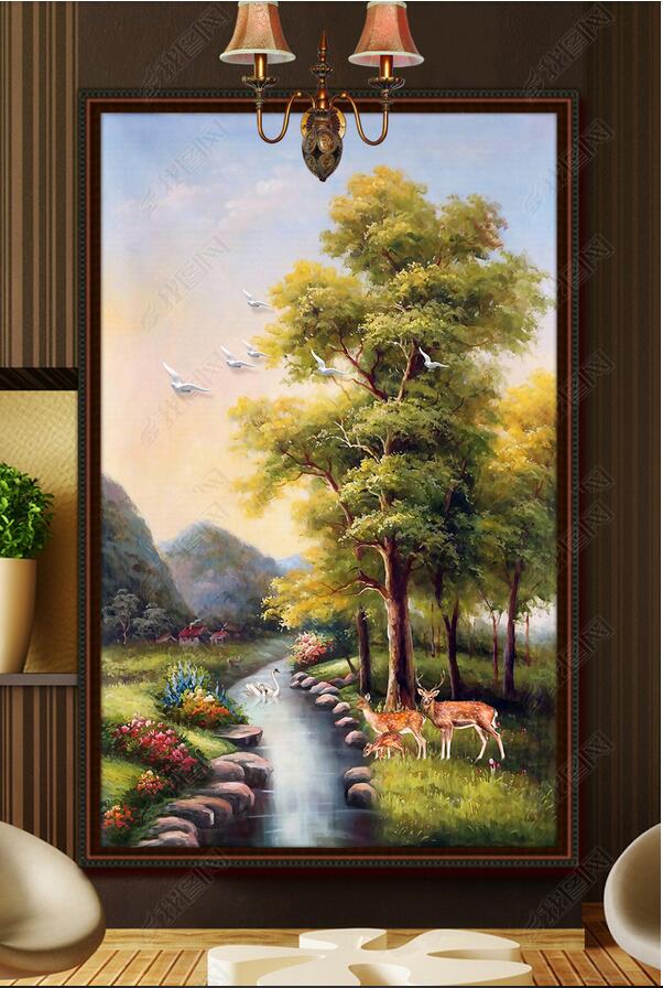 3d wallpaper custom photo New Chinese-style water, wealth, wealth, tree, elk, beautiful scenery, porch mural muals wall paper for walls 3 d