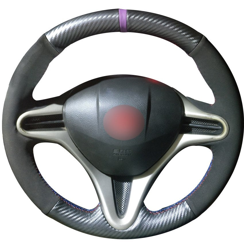 Carbon Fiber Leather Black Suede Purple Marker Car Steering Wheel Cover for Honda Civic Civic 8 2006-2009 (3-Spoke)
