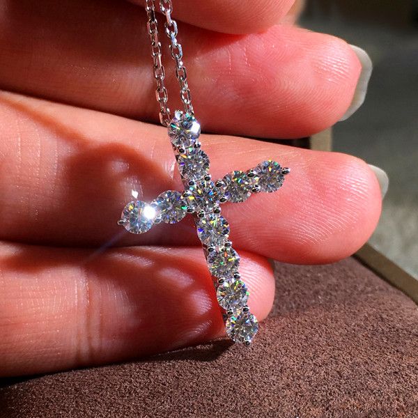 Cute Female Diamond Necklace Fashion Cross Style Pendant Necklace Big 925 Sterling Silver Choker Necklaces For Women