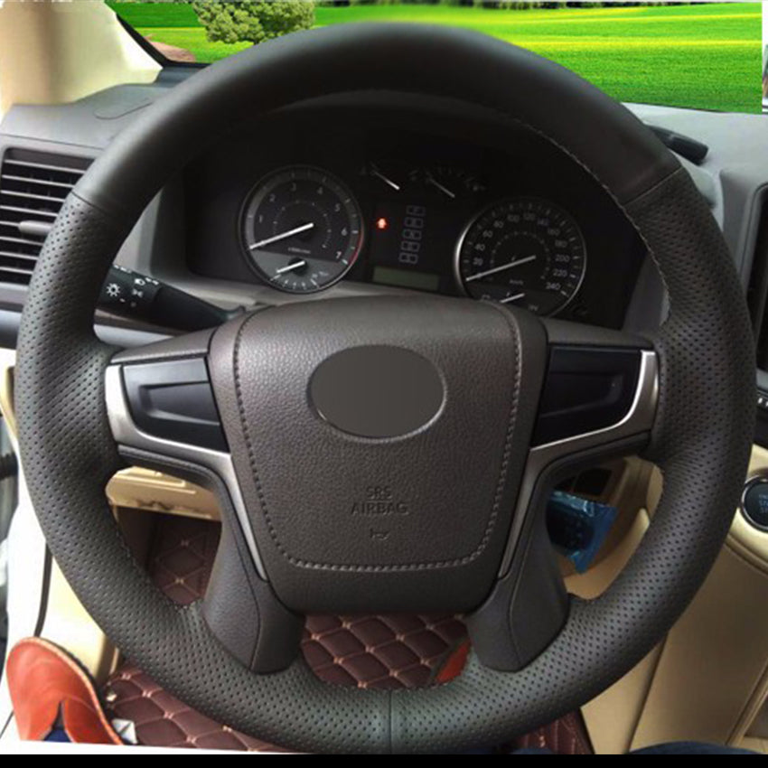 Black Natural Leather Car Steering Wheel Cover for Toyota Land Cruiser 2016