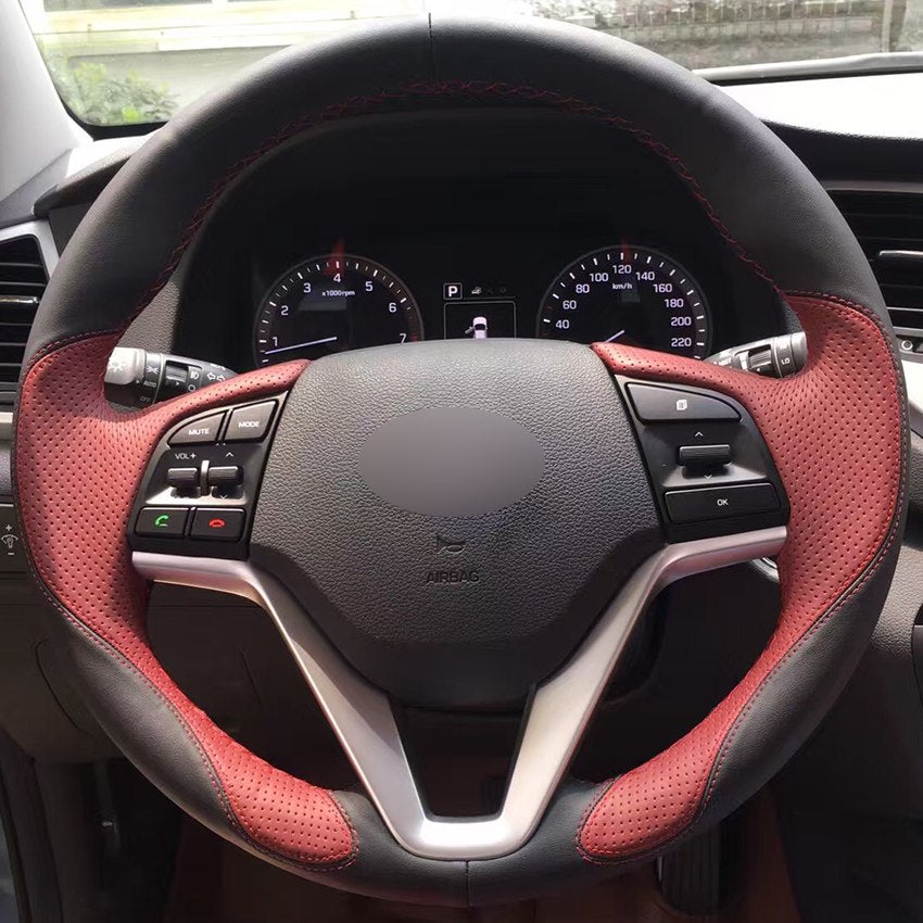 Black Leather Wine Red Leather Car Steering Wheel Cover for Hyundai Tucson 2015 2016