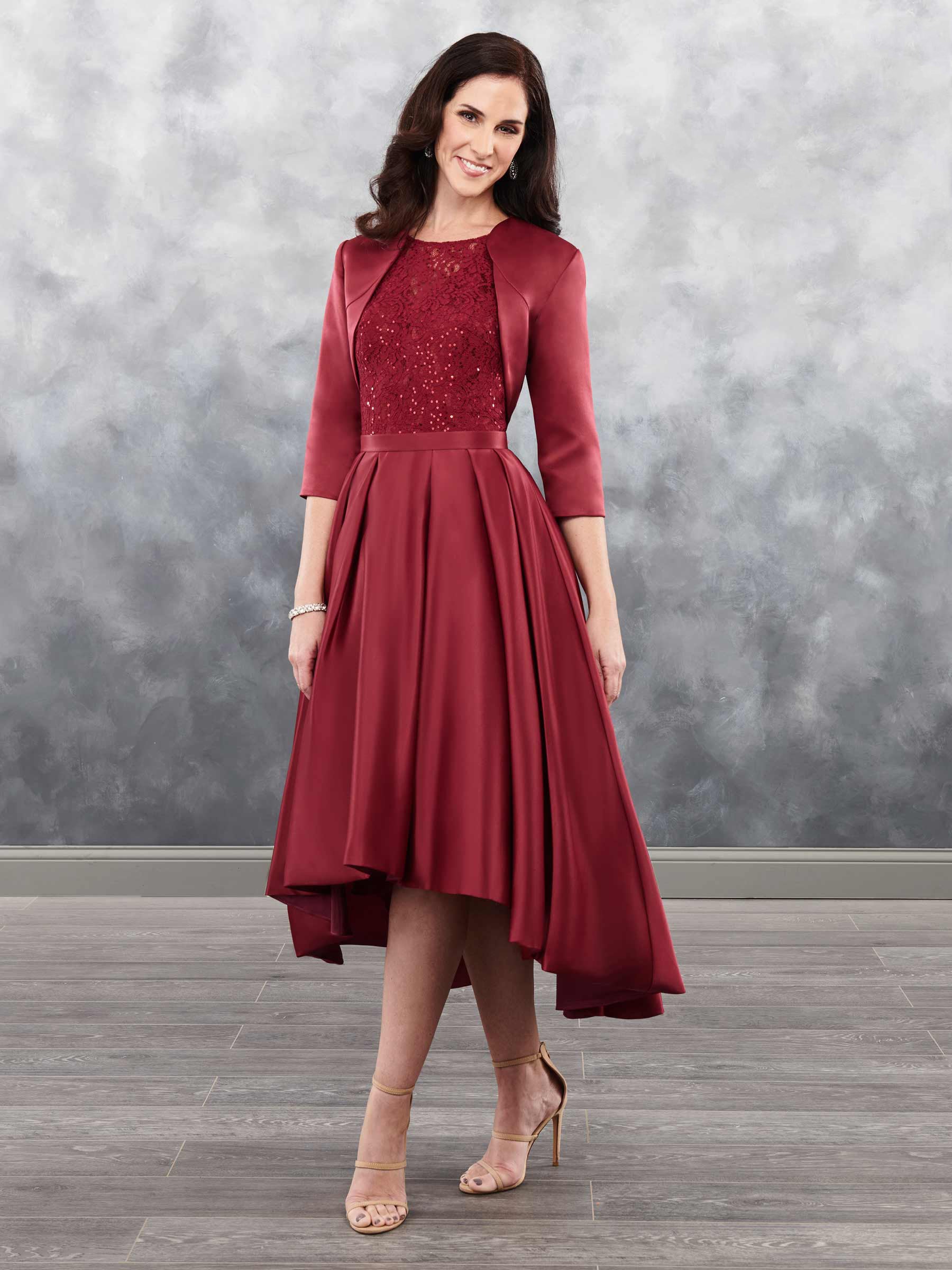 Free Wrap Elegant Wine Lace-Satin Tea-Length Mother&#039;s Dresses Mother&#039;s Special Occasion Weddings Party Dresses Custom Size 2-18 KF101397