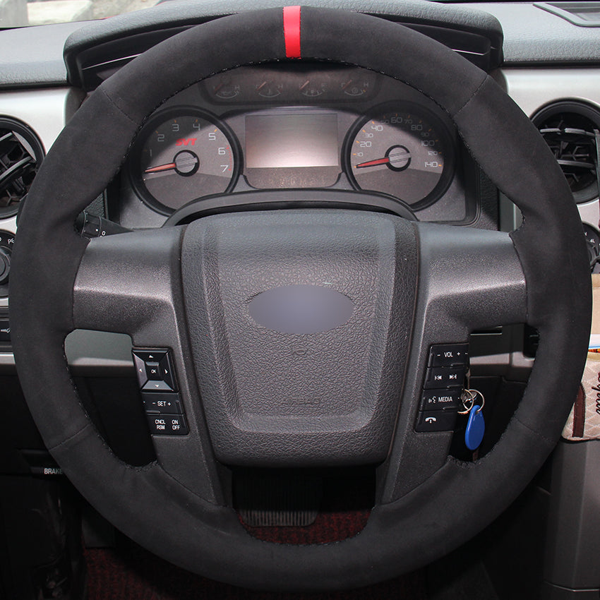Black Suede Red Marker Car Steering Wheel Cover for Ford F150 F-150 2011-2014