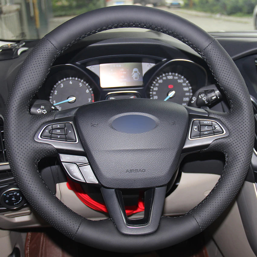 Black Natural Leather Car Steering Wheel Cover for Ford Focus 3 2015-2018 Kuga 2016-2018 Escape 2016-2018