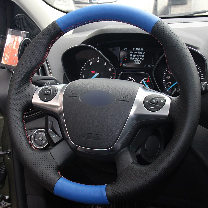 Blue Natural Leather Black Natural Leather Car Steering Wheel Cover for Ford Focus 3 2012-2014 KUGA Escape 2013-2016