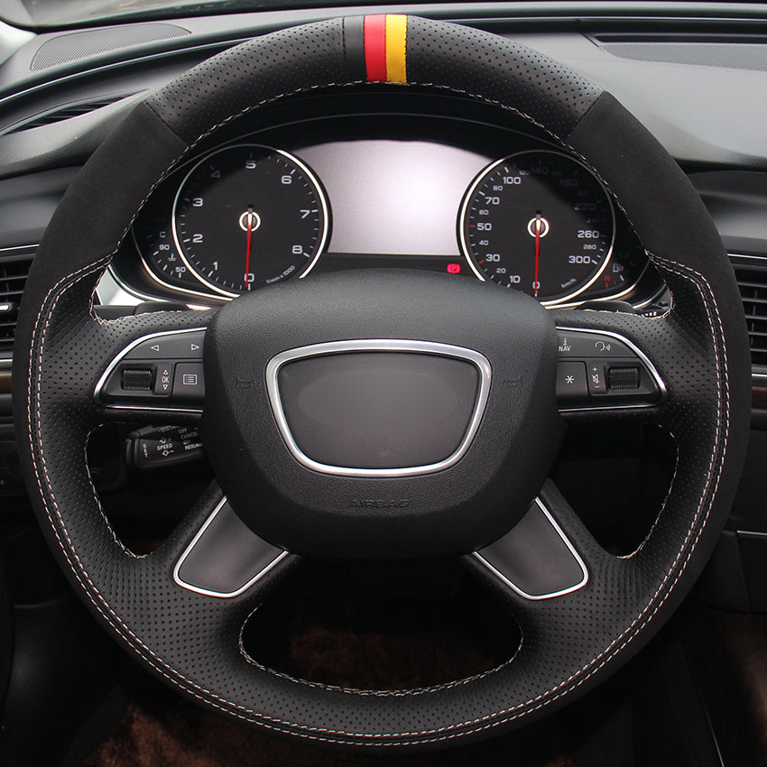 Black Natural Leather Black Suede Car Steering Wheel Cover for Audi Q7 2012-2015 Q3 Q5 2013-2016 A4 (B8) 2014 2015