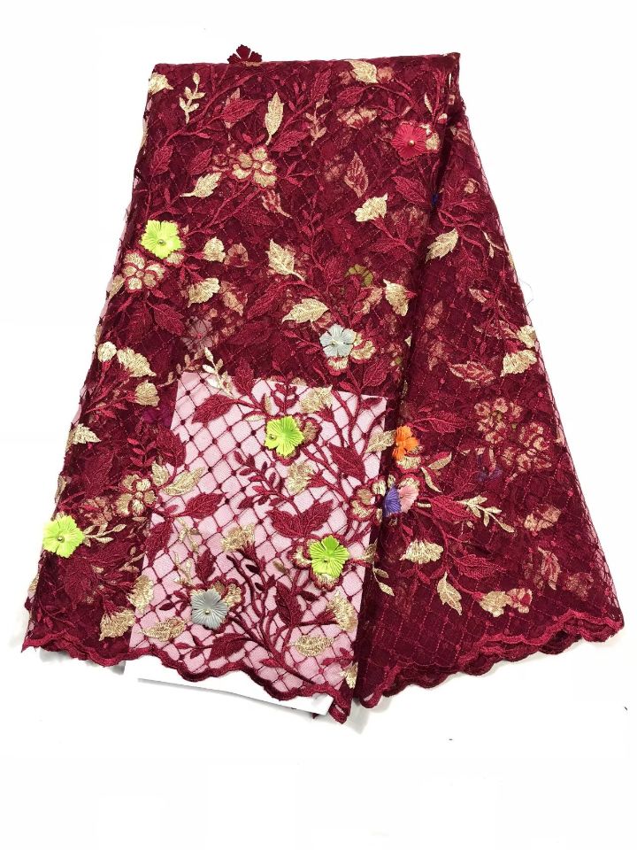 5Yards-pc Gorgeous wine french net lace fabric with beads and leaves embroidery african mesh lace for dress QN6-2