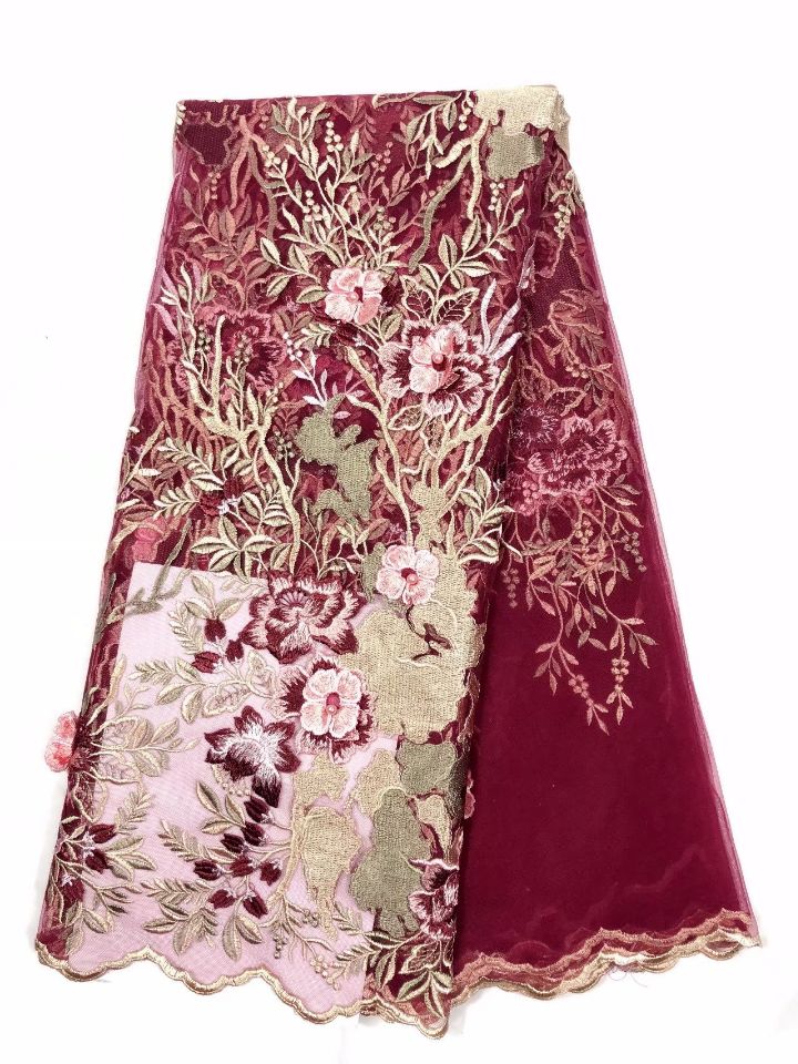 5Yards-pc Nice looking wine flower design french net lace fabric with beads african mesh lace embroidery for dress QN5-3