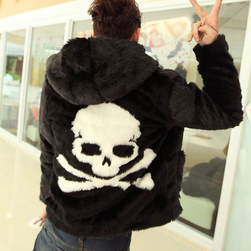 2019 Winter Autumn Fur Overcoat Leather grass overcoats male skull pattern Hoodie faux fur coat Cozy black jacket