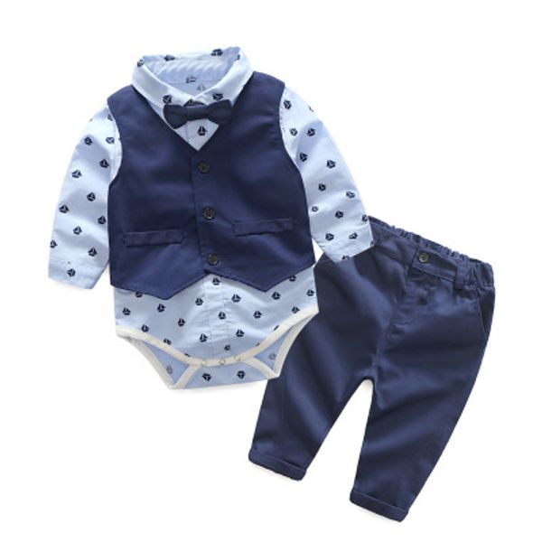 2019 fashion baby boy 3 piece suit vest+tie rompers+pants formal party clothes sets infant boy clothes gentleman suit free ship
