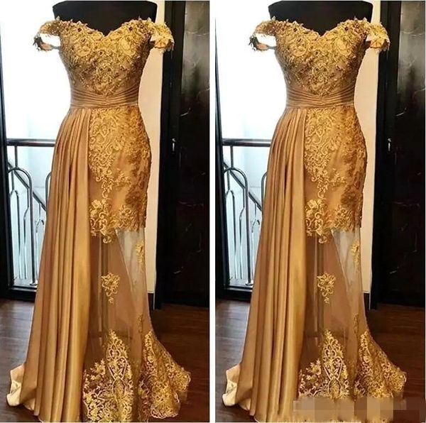 Prom 2019 Modest Gold Dresses Lace Applique Beaded Cap Sleeves Tulle Elastic Satin Overskirt Formal Ocn Wear Long Evening Gown