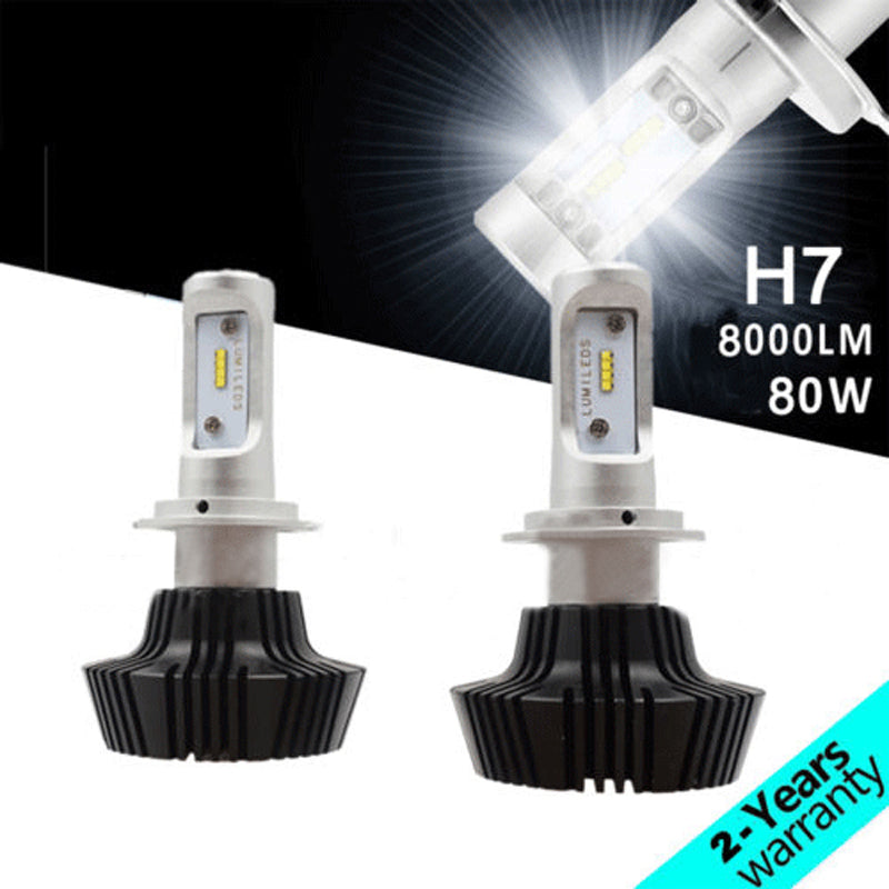 2PCS LED Chips 80W 8 LED H7 Headlight Kit Fog Beam Bulbs 8000LM 6000K DC 9-36V