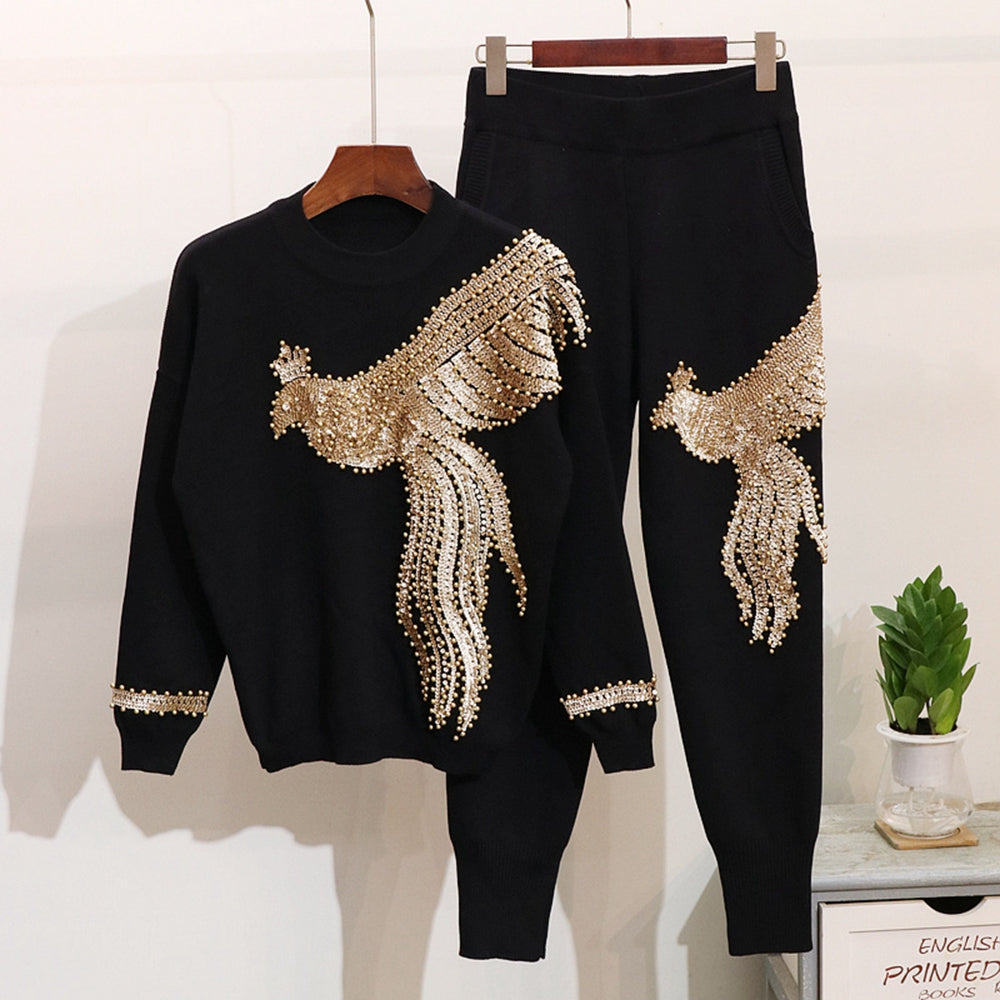 Women&#039;s Two Piece Pants New Fashion 2 pieces Black Grey Top&pants Sequin Suit Beads Women Jumpsuit Knitting Autumn Winter Causal Wholesale