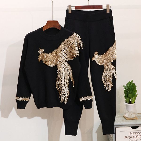 Women&#039;s Two Piece Pants New Fashion 2 pieces Black Grey Top&pants Sequin Suit Beads Women Jumpsuit Knitting Autumn Winter Causal Wholes