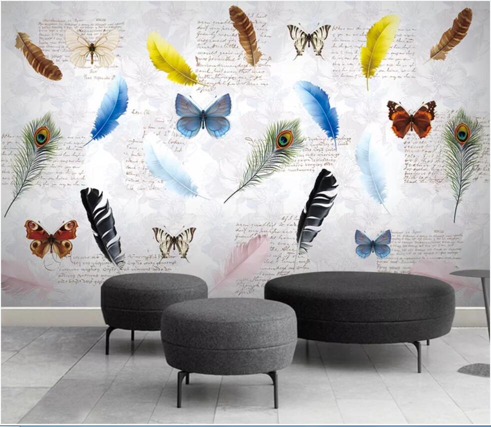 3d room wallpaper custom photo mural Color feather butterfly english american restaurant bar background wall paper wallpaper for walls 3 d