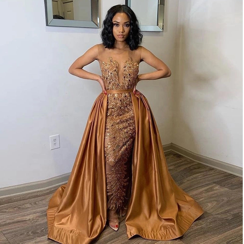 African Gold Prom Dress With Detachable Overskirt Luxury Beads Embriodery Lace Floor Length Long Formal Evening Gowns