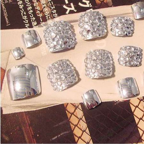 24 Pcs-Set Foot False Nail Tips With Glue Toe Art Tool Glitter Rhinestone Fake Toes Nails For Women HB88