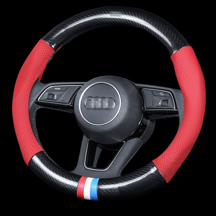 Universal For Audi Red with Black Carbon Fiber Steering Wheel Cover Size M 38cm