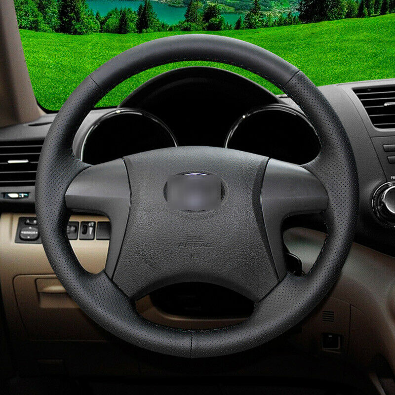 black leather black stitch custom car steering wheel cover for Toyota Highlander
