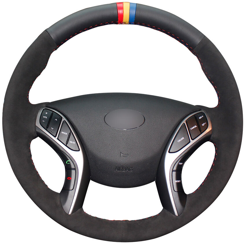 Black Genuine Leather Black Suede Car Steering Wheel Cover for Hyundai Elantra