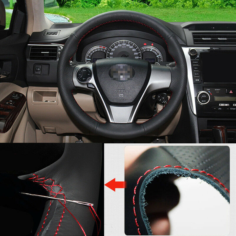 For Toyota Camry 2012 Steering Wheel Cover Non-slip Hand Sewing Black Leather
