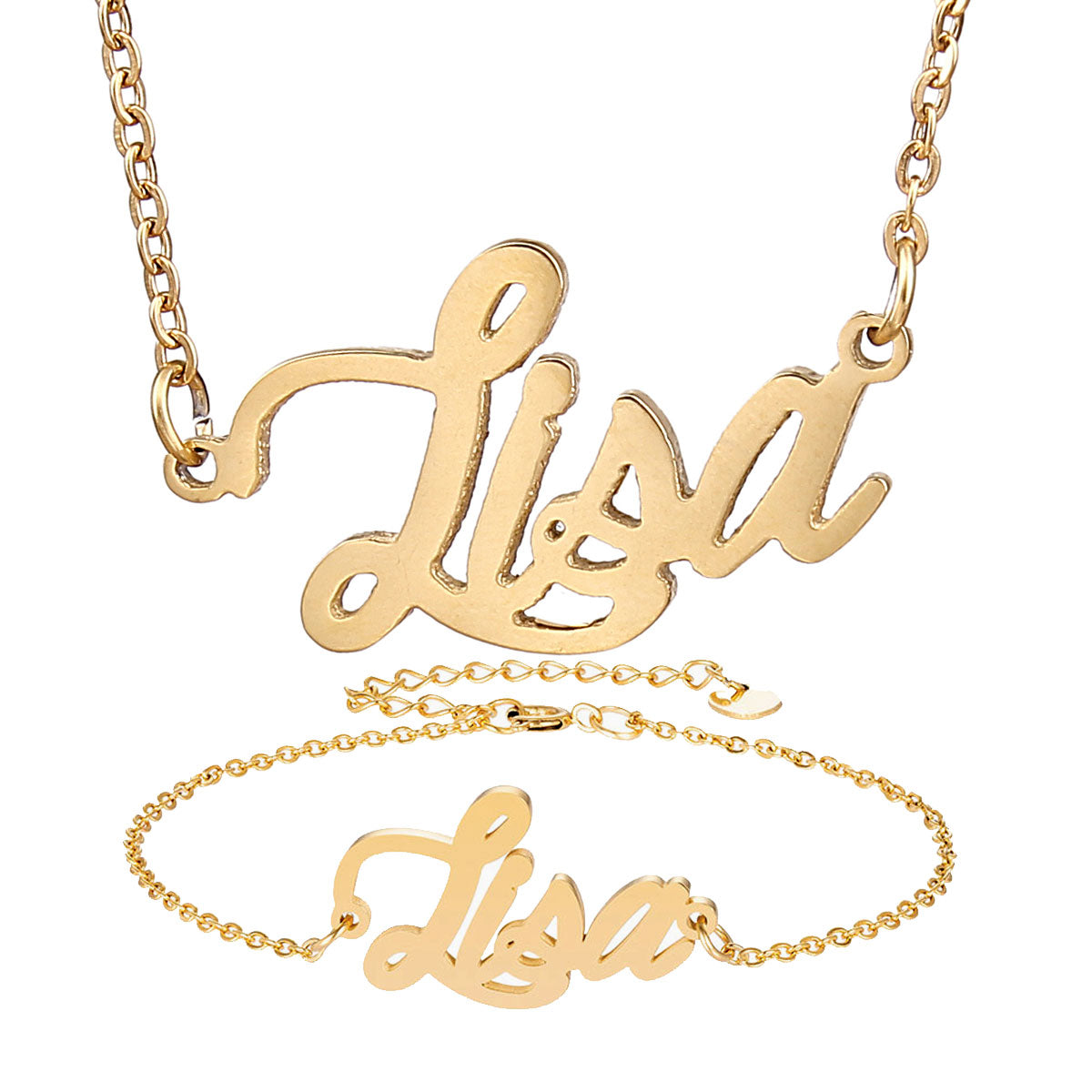 Nameplate Necklace + Bracelet Set for Women &quot; Lisa &quot; Letter Gold Choker Chain Name Pendant Charm Girl frined Birthday Gift