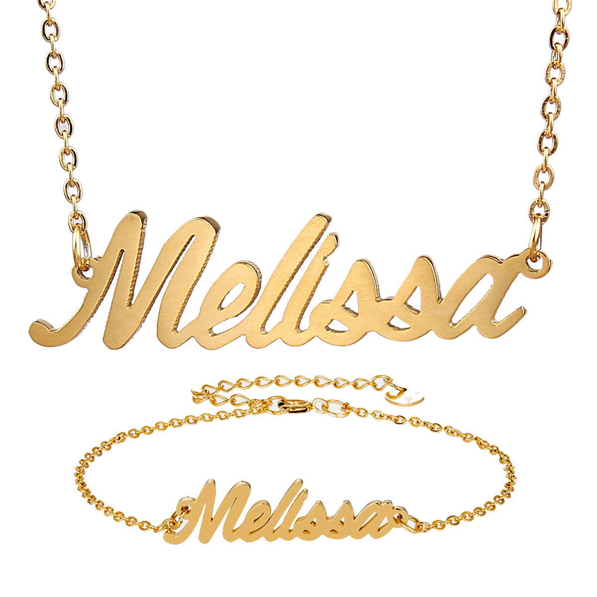 Fashion Stainless Steel Name Necklace Bracelet Set for Women &quot; Melissa &quot; Script Letter Gold Choker Chain Necklaces Pendant Nameplate Gift
