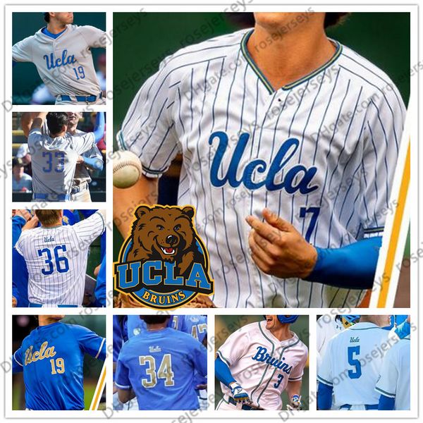 NCAA UCLA #3 Brandon Crawford 7 Chase Utley 12 Gerrit Cole 42 Robinson White Gray Light Blue 2019 Retro College Baseball Jersey 4XL