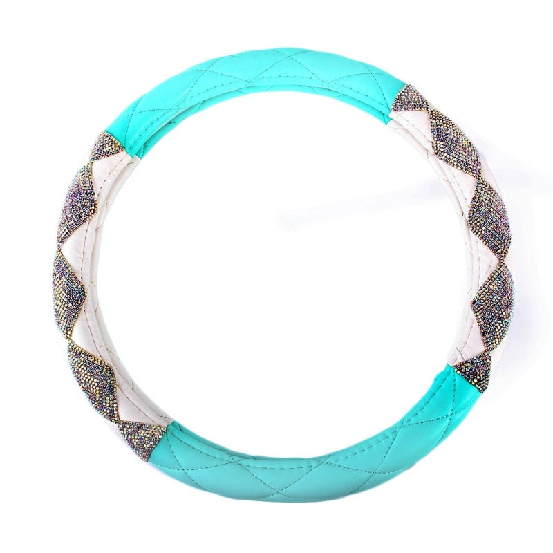1PC Green&White Leather Car Steering Wheel Cover Sets Four Seasons General With Diamond