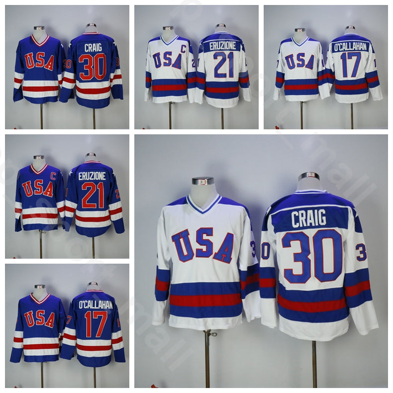 1980 USA Ice Hockey College 30 Jim Craig Jersey Men Vintage 21 Mike Eruzione 17 Jack Ocallahan Blue White Away Home All Stitched