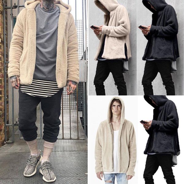 Fashion Men Winter Hoodie Wool Coat New Solid Thick Sherpa Fleece Hooded Outwear Coat